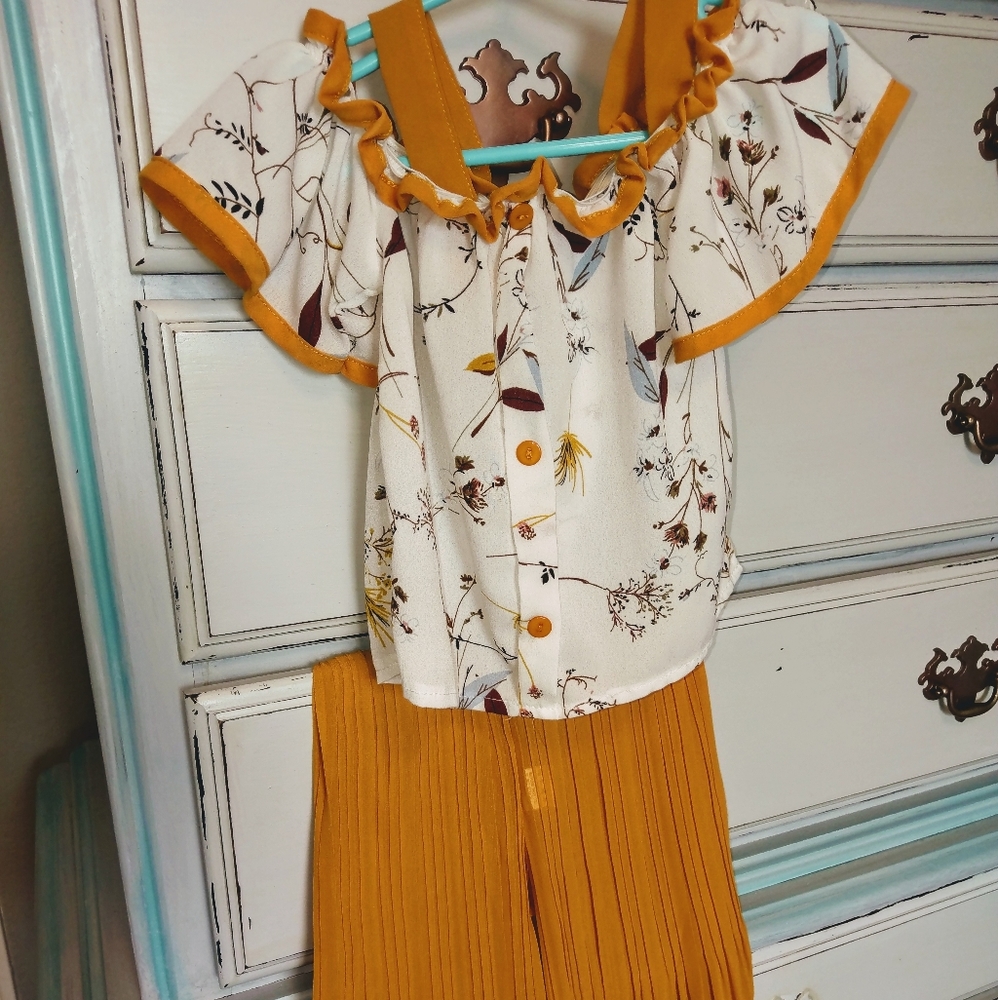 White floral top and mustard chiffon pant